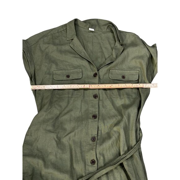 Old Navy Green Button-Up Belted Shirt Dress Short Sleeve Size S Linen Blend - Picture 5 of 10